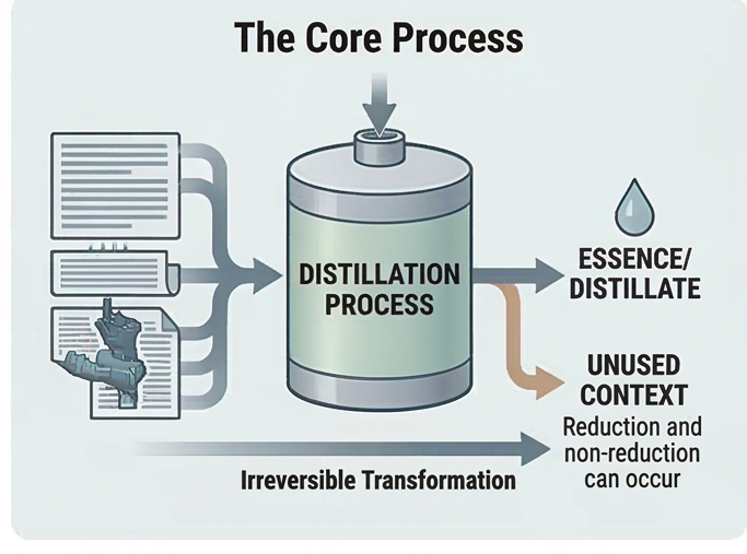 Diagram showing the distillation process: information input transformed irreversibly into essence/distillate