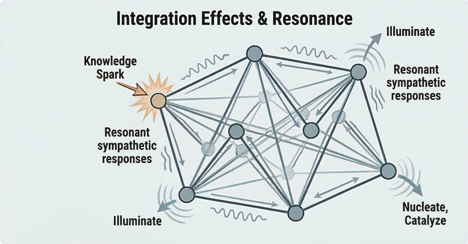 Diagram showing integration effects and resonance: a knowledge spark triggering sympathetic responses across a tensegrity-like network